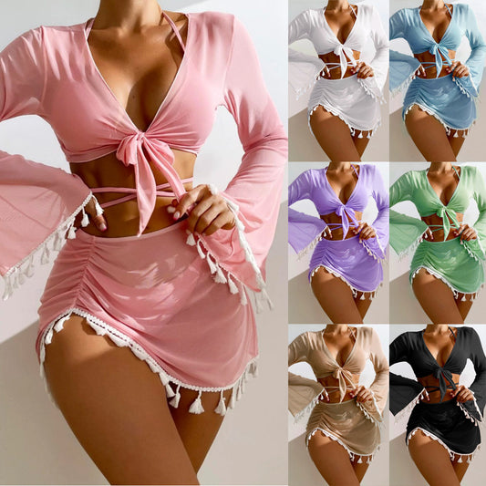 4pcs Solid Color Bikini With Short Skirt And Long Sleeve Cover-up Fashion Bow Tie Fringed Swimsuit Set Summer Beach Womens Clothing - Julies Boutique