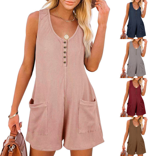 Casual Waffle Button Jumpsuit With Pockets Fashion Summer Beach Straight Shorts Overall Pants Womens Clothing - Julies Boutique