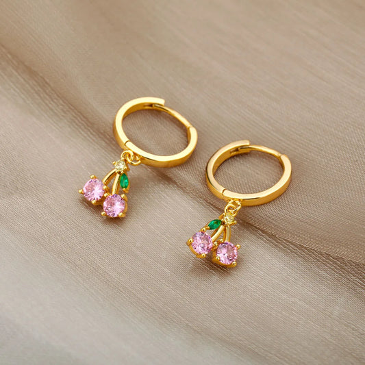 Crystal Fruit Cherry Drop Earrings For Women Stainless Steel Pink Cherry Earrings - Julies Boutique