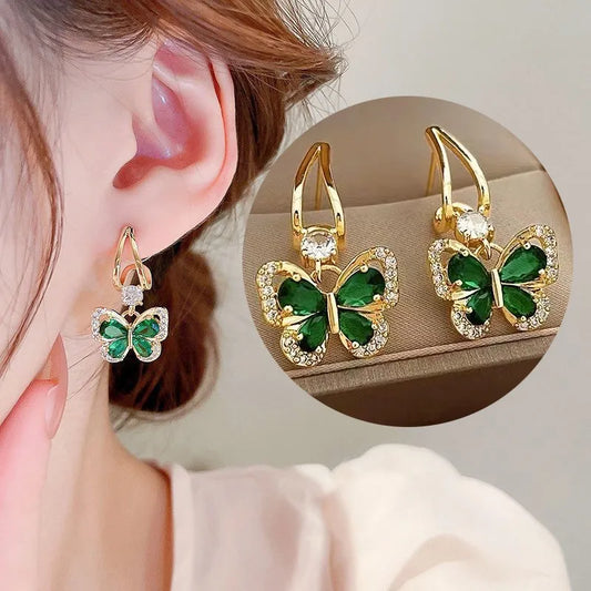 925 Silver Needle Green Crystal Butterfly Drop Earrings For Women Korean Jewelry - Julies Boutique