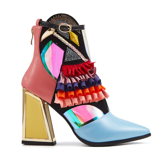 Designer Women High Heels Buckle Ankle Boots Ruffles - Julies Boutique