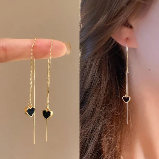 Black Heart Ear Line Long Hanging Earrings - Julies Boutique